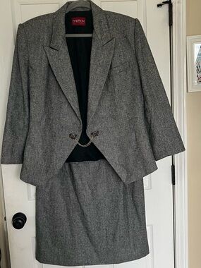 Vintage Sasson Herringbone Skirt Suit Blazer Set 80s Dark Academia 12